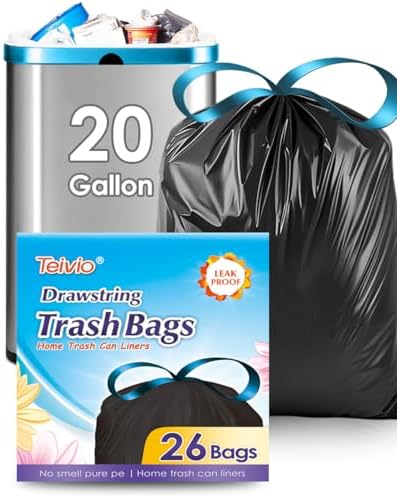 Bolsas de Basura Teivio de 20 Galones, 26 Cuentas, Resistentes, con Cuerda, para Cocina, Oficina y Residuos Ligeros, Color Negro - imagen 1
