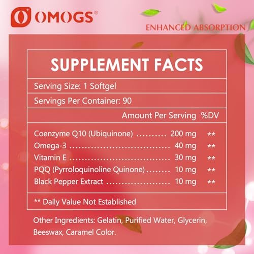 Suplementos OMOGS CoQ10 200mg en Softgels, Alta Absorción para la Salud del Corazón, Sistema Inmunológico y Energía Celular, 90 Softgels Sin Gluten - imagen 2