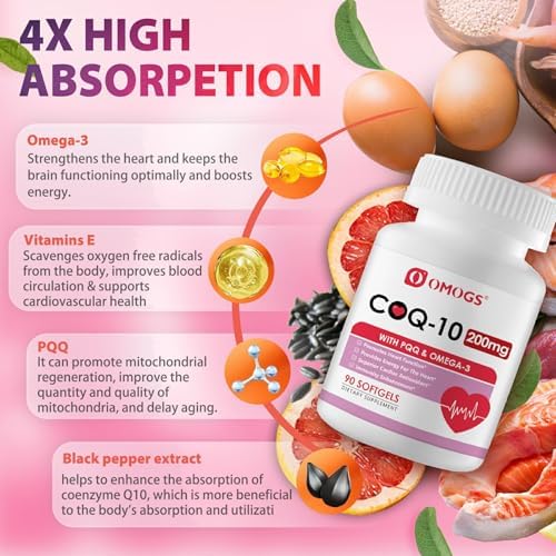 Suplementos OMOGS CoQ10 200mg en Softgels, Alta Absorción para la Salud del Corazón, Sistema Inmunológico y Energía Celular, 90 Softgels Sin Gluten - imagen 3