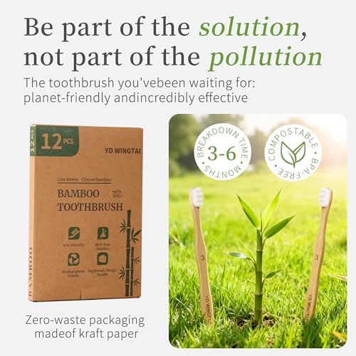 YD WINGTAI Cepillos de Dientes de Bambú 12 Piezas con Cerdas Sin BPA, Mango Biodegradable y Diseño Ergonómico para Cuidado Oral Natural - imagen 2