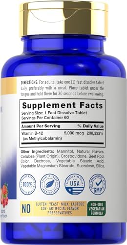 Carlyle Methylcobalamina Vitamina B12 5000mcg | 60 Tabletas de Disolución Rápida | Suplemento Vegetariano, Sin OGM y Sin Gluten para Adultos - imagen 2