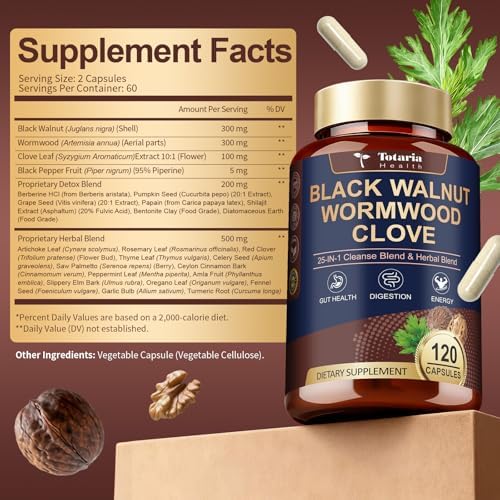 Totaria 120 Cápsulas 25 en 1 de Limpieza de Ajenjo, Nogal Negro y Clavo - Salud Digestiva y Hepática con Aceite de Semilla de Calabaza, Ajo y Orégano - imagen 8