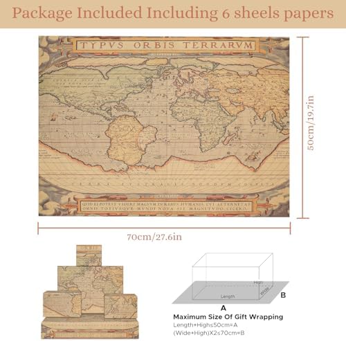 Papel de Regalo Vintage Retro Mapa del Mundo, 6 Hojas de 20x29 pulgadas, Ideal para Viajeros, Bibliotecas y Cumpleaños - imagen 2