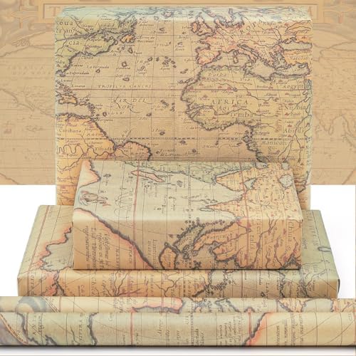 Papel de Regalo Vintage Retro Mapa del Mundo, 6 Hojas de 20x29 pulgadas, Ideal para Viajeros, Bibliotecas y Cumpleaños - imagen 3