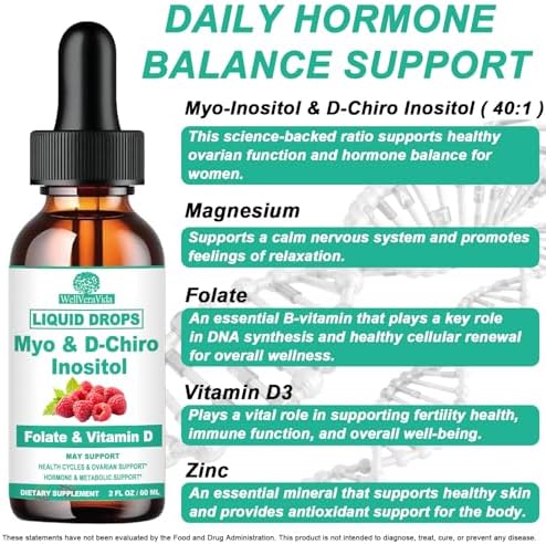 Suplemento Líquido de Myo Inositol y D-Chiro Inositol para Mujeres - Gotas de Inositol en Proporción Ideal 40:1 con Folato MTHF, Magnesio, Vitamina - imagen 2
