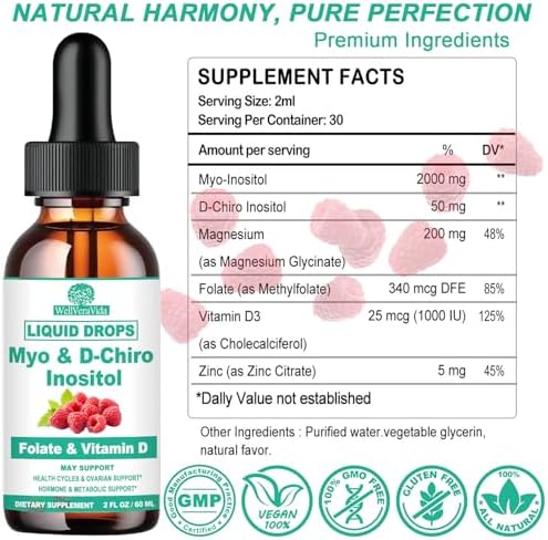 Suplemento Líquido de Myo Inositol y D-Chiro Inositol para Mujeres - Gotas de Inositol en Proporción Ideal 40:1 con Folato MTHF, Magnesio, Vitamina - imagen 6