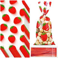 Bolsas de Fiesta de Fresa WILLBOND, 100 Piezas de Plástico Celofán con 100 Cintas para Decoración de Cumpleaños Temática (Rojo) - imagen 1