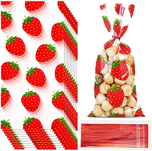 Bolsas de Fiesta de Fresa WILLBOND, 100 Piezas de Plástico Celofán con 100 Cintas para Decoración de Cumpleaños Temática (Rojo) - imagen 1