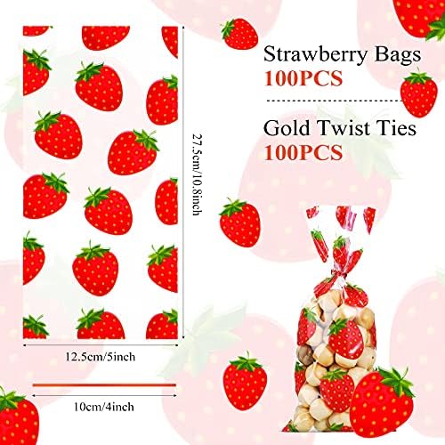 Bolsas de Fiesta de Fresa WILLBOND, 100 Piezas de Plástico Celofán con 100 Cintas para Decoración de Cumpleaños Temática (Rojo) - imagen 2
