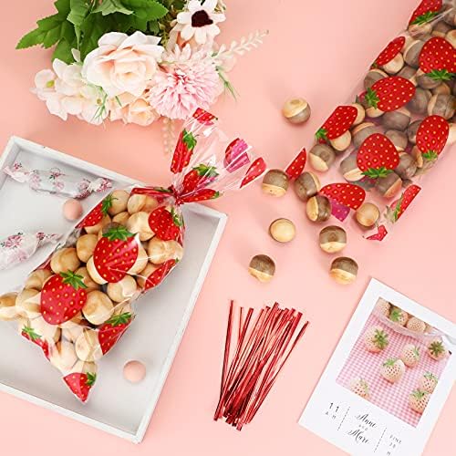 Bolsas de Fiesta de Fresa WILLBOND, 100 Piezas de Plástico Celofán con 100 Cintas para Decoración de Cumpleaños Temática (Rojo) - imagen 3