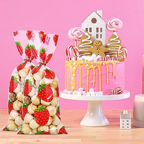 Bolsas de Fiesta de Fresa WILLBOND, 100 Piezas de Plástico Celofán con 100 Cintas para Decoración de Cumpleaños Temática (Rojo) - imagen 4