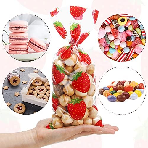 Bolsas de Fiesta de Fresa WILLBOND, 100 Piezas de Plástico Celofán con 100 Cintas para Decoración de Cumpleaños Temática (Rojo) - imagen 5