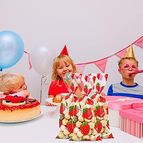 Bolsas de Fiesta de Fresa WILLBOND, 100 Piezas de Plástico Celofán con 100 Cintas para Decoración de Cumpleaños Temática (Rojo) - imagen 6