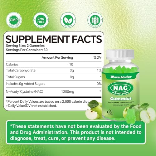 Gomitas NAC para Adultos y Niños 1200mg, Suplemento N-Acetil Cisteína, Apoyo Inmunológico y Hepático, Sin Azúcar, Sabor Manzana Verde - imagen 6