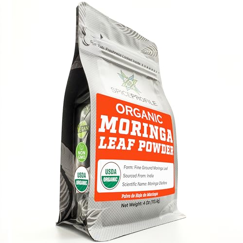 Polvo de Hoja de Moringa Orgánico USDA Spice Profile, 4 oz, Resealable, Libre de Metales Pesados, Prueba de Laboratorio - imagen 1