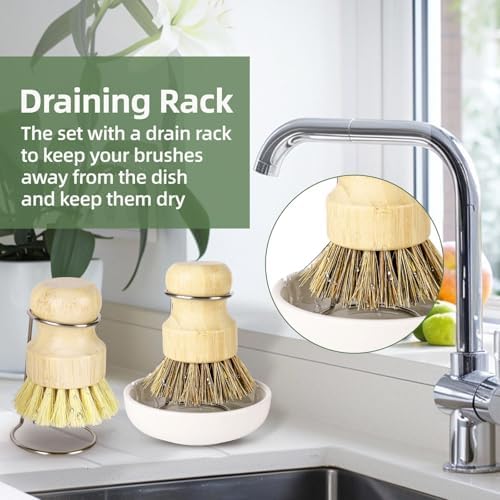 Set de Cepillos de Cocina DEBETOOL de Bambú con Soporte - Cepillo Natural para Fregar Platos, Diseño de Secado Rápido para Fregaderos y Ollas - imagen 3