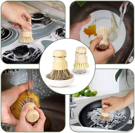 Set de Cepillos de Cocina DEBETOOL de Bambú con Soporte - Cepillo Natural para Fregar Platos, Diseño de Secado Rápido para Fregaderos y Ollas - imagen 6