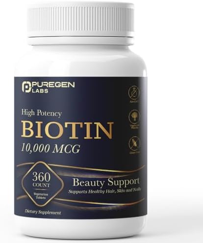 Biotina Puregen Labs 10,000 MCG para Cabello, Piel y Uñas Saludables - Alta Potencia - Sin OGM, Sin Gluten | 360 Tabletas Vegetarianas - imagen 1