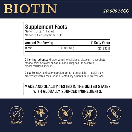 Biotina Puregen Labs 10,000 MCG para Cabello, Piel y Uñas Saludables - Alta Potencia - Sin OGM, Sin Gluten | 360 Tabletas Vegetarianas - imagen 2