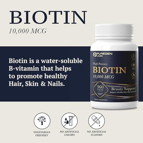 Biotina Puregen Labs 10,000 MCG para Cabello, Piel y Uñas Saludables - Alta Potencia - Sin OGM, Sin Gluten | 360 Tabletas Vegetarianas - imagen 3