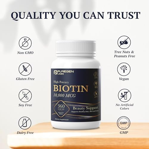 Biotina Puregen Labs 10,000 MCG para Cabello, Piel y Uñas Saludables - Alta Potencia - Sin OGM, Sin Gluten | 360 Tabletas Vegetarianas - imagen 5