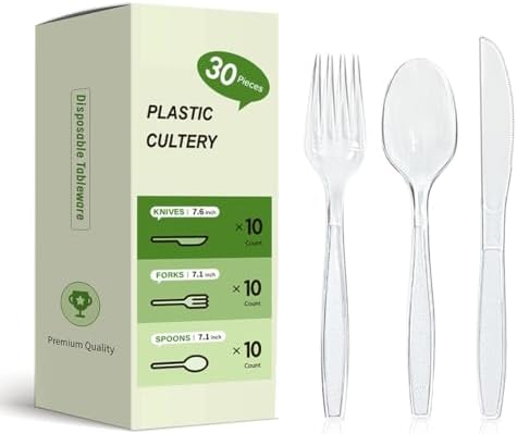 Set de Cubiertos Desechables Irekamons de Plástico Plateado, 30 Piezas para Fiestas, Cubiertos Transparentes: Tenedores, Cucharas y Cuchillos - imagen 1
