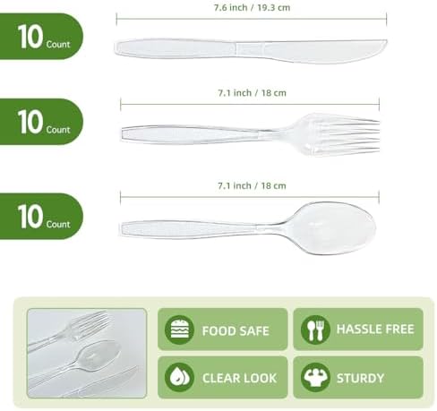 Set de Cubiertos Desechables Irekamons de Plástico Plateado, 30 Piezas para Fiestas, Cubiertos Transparentes: Tenedores, Cucharas y Cuchillos - imagen 2
