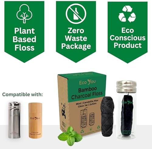 Hilo Dental de Bambú de Carbón | 2 Recargas Naturales con Contenedor de Vidrio | Menta Orgánica y Cera de Candelilla | Vegano y Biodegradable | - imagen 2