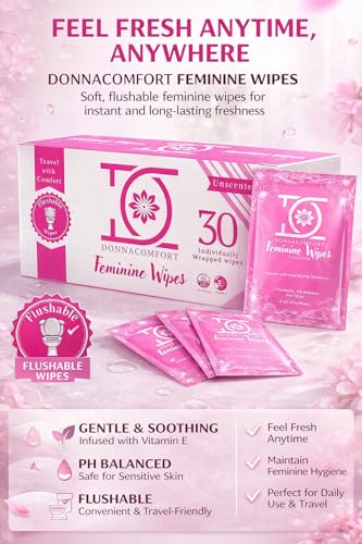 Toallitas Húmedas Desechables DonnaComfort para Piel Sensible – pH Balanceado, Sin Fragancia, con Aloe Vera y Vitamina E, Tamaño de Viaje (30 Piezas) - imagen 2