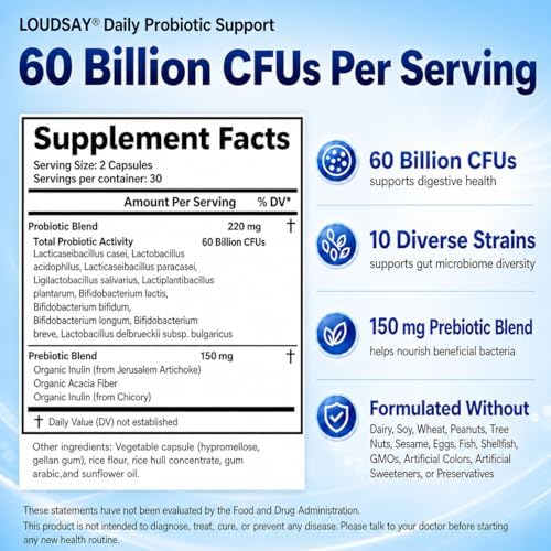 Probioticos LOUDSAY para Mujeres y Hombres, 60 Mil Millones de CFUs por Porción, 10 Cepas y Fibra Prebiótica, Suplemento Diario para la Salud - imagen 3