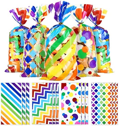 Bolsas de Regalo de Celofán Kesote Arcoíris, 100 Piezas de Plástico Impresas con Lazos para Fiestas de Cumpleaños de Verano para Niños - imagen 1