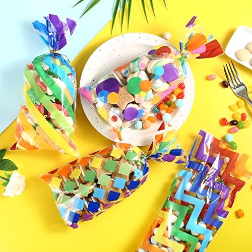 Bolsas de Regalo de Celofán Kesote Arcoíris, 100 Piezas de Plástico Impresas con Lazos para Fiestas de Cumpleaños de Verano para Niños - imagen 2