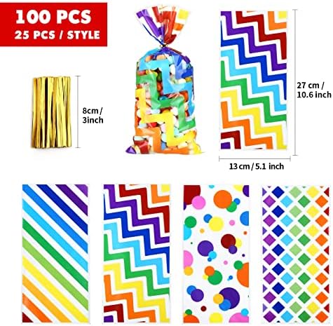Bolsas de Regalo de Celofán Kesote Arcoíris, 100 Piezas de Plástico Impresas con Lazos para Fiestas de Cumpleaños de Verano para Niños - imagen 3