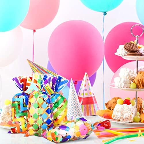 Bolsas de Regalo de Celofán Kesote Arcoíris, 100 Piezas de Plástico Impresas con Lazos para Fiestas de Cumpleaños de Verano para Niños - imagen 6
