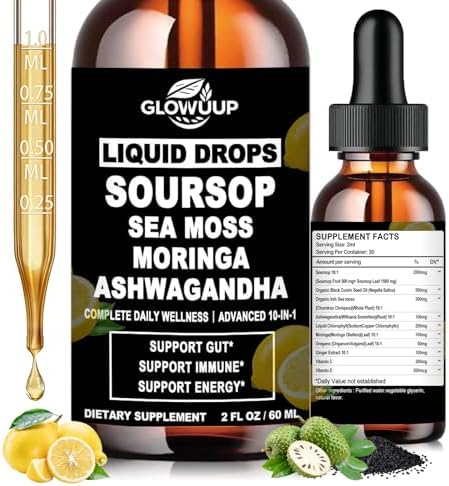 Bitters de Guanábana Líquidos, 10 en 1, Gotas Herbales con Musgo Marino, Ashwagandha, Aceite de Semilla Negra, Moringa y Orégano para Apoyo - imagen 1