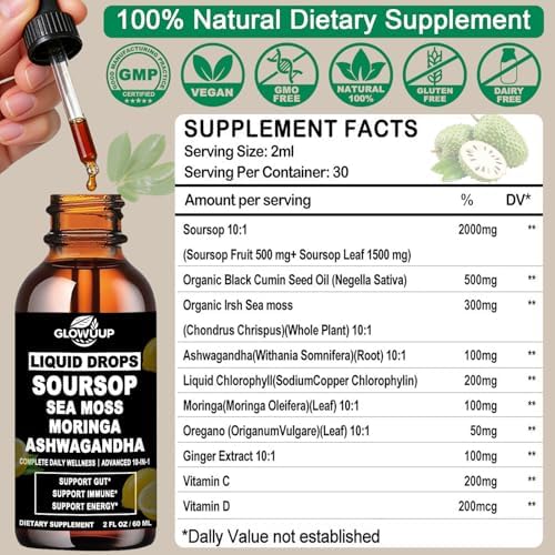 Bitters de Guanábana Líquidos, 10 en 1, Gotas Herbales con Musgo Marino, Ashwagandha, Aceite de Semilla Negra, Moringa y Orégano para Apoyo - imagen 2