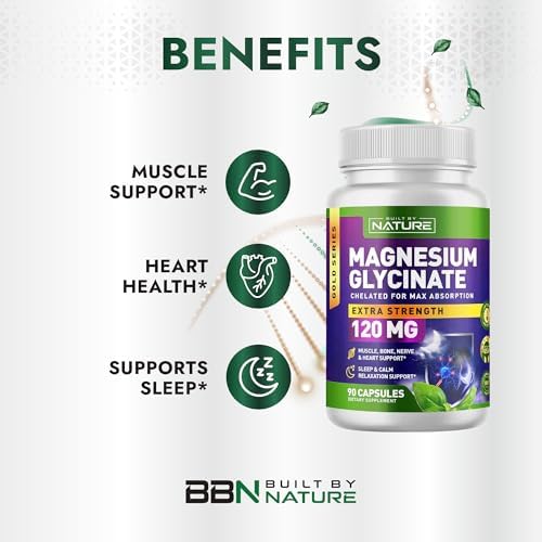 Magnesio Glicinato Built By Nature - Chelado para Alta Absorción - Suplemento para Dormir, Músculos, Corazón y Nervios - 120 mg por Porción - 90 - imagen 2