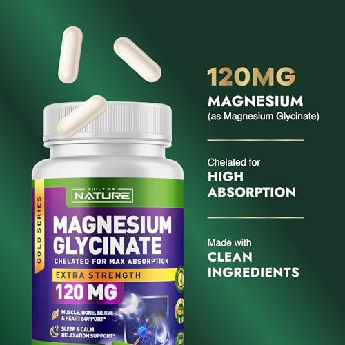 Magnesio Glicinato Built By Nature - Chelado para Alta Absorción - Suplemento para Dormir, Músculos, Corazón y Nervios - 120 mg por Porción - 90 - imagen 3
