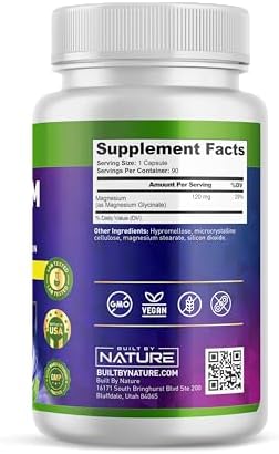 Magnesio Glicinato Built By Nature - Chelado para Alta Absorción - Suplemento para Dormir, Músculos, Corazón y Nervios - 120 mg por Porción - 90 - imagen 5