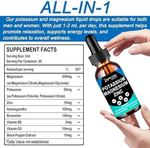 Suplemento Líquido de Potasio y Magnesio con Zinc, Ashwagandha, Bromelina y Vitaminas D3 y B6 para la Salud Vascular, Ósea, Muscular y Nerviosa, No - imagen 2