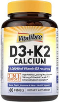 Suplemento de Calcio Vitalibre D3 K2 para Hombres y Mujeres, Vitamina D3 5000 IU, Calcio 1200 mg, MK-7, Alta Absorción, 60 Tabletas para Huesos - imagen 1