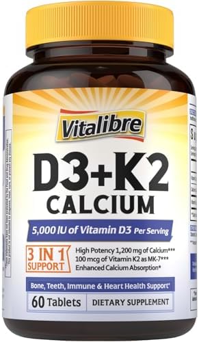 Suplemento de Calcio Vitalibre D3 K2 para Hombres y Mujeres, Vitamina D3 5000 IU, Calcio 1200 mg, MK-7, Alta Absorción, 60 Tabletas para Huesos - imagen 1