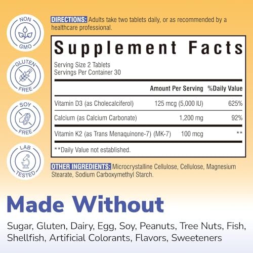 Suplemento de Calcio Vitalibre D3 K2 para Hombres y Mujeres, Vitamina D3 5000 IU, Calcio 1200 mg, MK-7, Alta Absorción, 60 Tabletas para Huesos - imagen 2