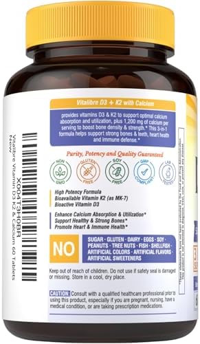 Suplemento de Calcio Vitalibre D3 K2 para Hombres y Mujeres, Vitamina D3 5000 IU, Calcio 1200 mg, MK-7, Alta Absorción, 60 Tabletas para Huesos - imagen 8