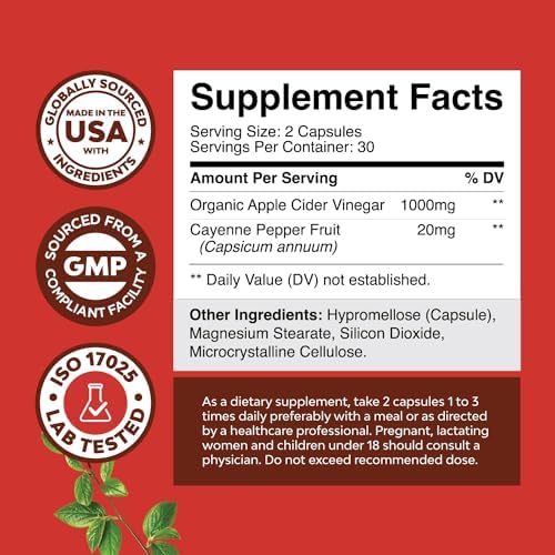 Cápsulas de Vinagre de Sidra de Manzana para Limpieza y Desintoxicación - Salud Digestiva y Pérdida de Peso con Cayena - 60 Cápsulas Extra Fuertes - imagen 3