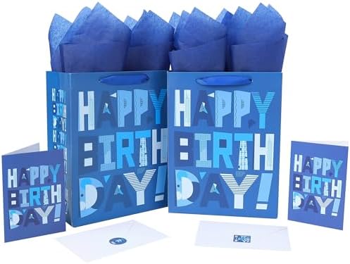 Set de 2 Bolsas de Regalo Medianas Azules de 10.6” con Tarjeta de Felicitación y Papel de Seda (Feliz Cumpleaños Azul) para Fiestas de Cumpleaños de - imagen 1
