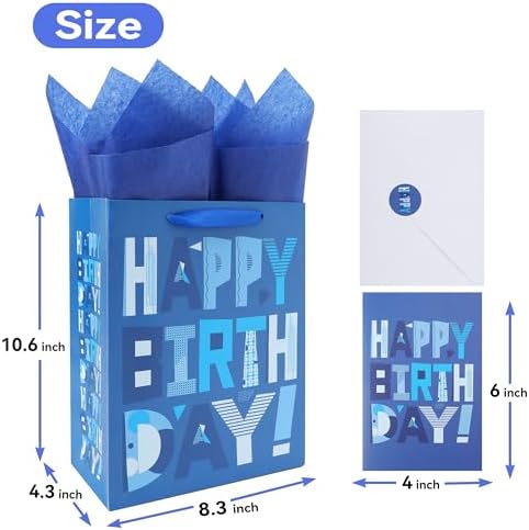 Set de 2 Bolsas de Regalo Medianas Azules de 10.6” con Tarjeta de Felicitación y Papel de Seda (Feliz Cumpleaños Azul) para Fiestas de Cumpleaños de - imagen 2
