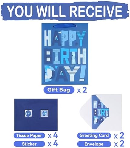Set de 2 Bolsas de Regalo Medianas Azules de 10.6” con Tarjeta de Felicitación y Papel de Seda (Feliz Cumpleaños Azul) para Fiestas de Cumpleaños de - imagen 3
