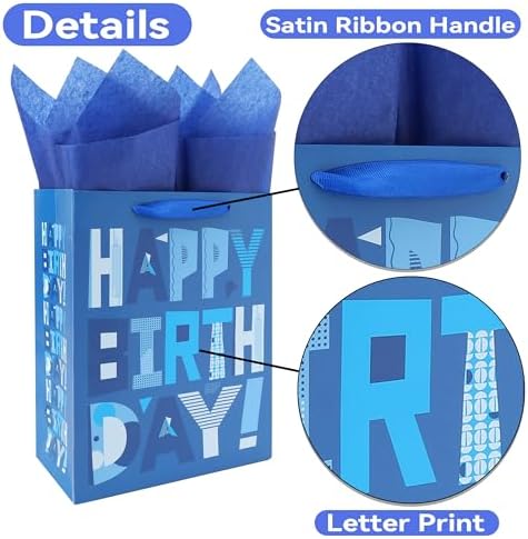 Set de 2 Bolsas de Regalo Medianas Azules de 10.6” con Tarjeta de Felicitación y Papel de Seda (Feliz Cumpleaños Azul) para Fiestas de Cumpleaños de - imagen 4