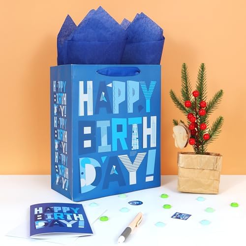 Set de 2 Bolsas de Regalo Medianas Azules de 10.6” con Tarjeta de Felicitación y Papel de Seda (Feliz Cumpleaños Azul) para Fiestas de Cumpleaños de - imagen 5